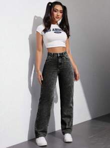 SHEIN EZwear 1 件女式休闲简约前扣口袋牛仔裤，日常穿着 - 灰色 - 查看 5