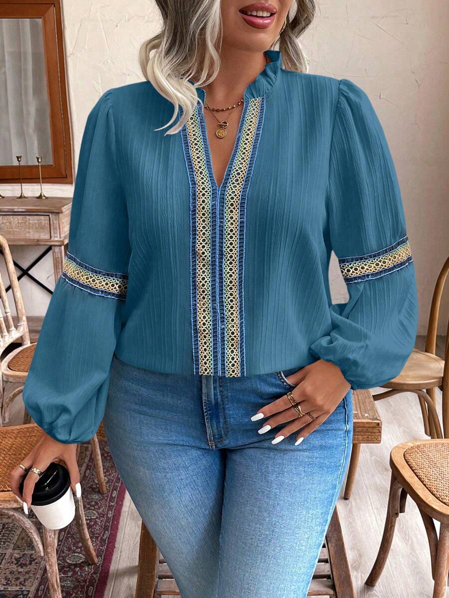 SHEIN LUNE Áo sơ mi cài nút cổ bẻ trang trí ruy băng cỡ lớn cho nữ, tay dài - màu xanh lá - Xem 1