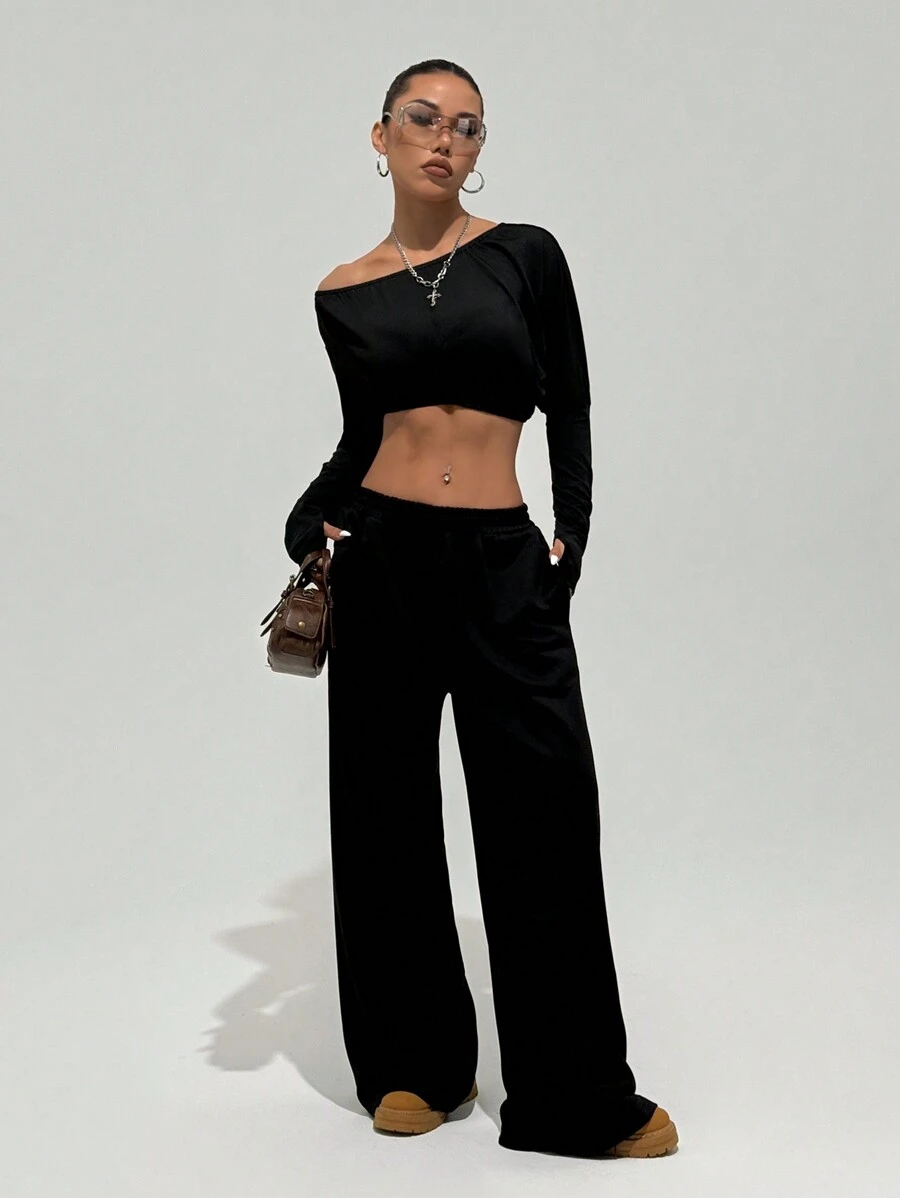 StreetHx Set da donna in stile steet, 2 pezzi: felpa con spalle diagonali nera e pantaloni della tuta con gamba dritta morbida, per l'autunno - nero - Visualizzare 1