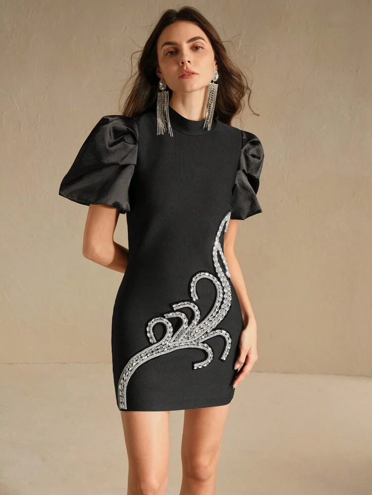 Women's Elegant Puff Sleeve Evening Party Mini Dress, Black Classic With Crystal Streamline Decor Sparkling Rhinestones Fitted Silhouette