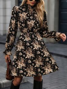 SHEIN Clasi Robe à manches longues avec imprimé floral, col lavallière et ceinture à la taille