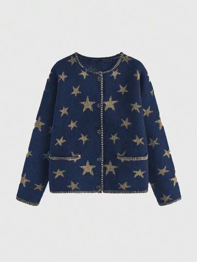 Cárdigan de talla grande con estampado de estrella hippie y ribete con contraste, para el invierno