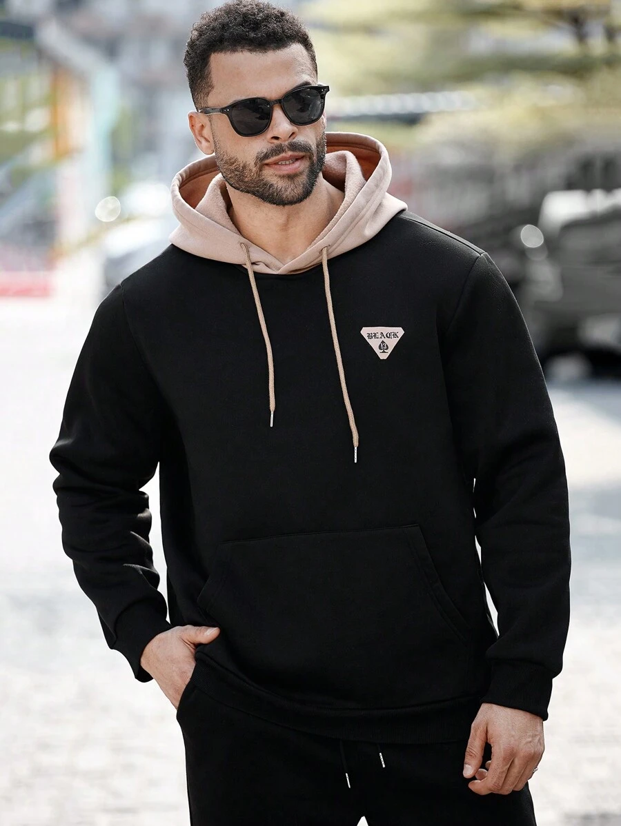 Manfinity Homme Plus Size Men's Color Block Hooded Sweatshirt For Autumn And Winter - Multicolor - View 1