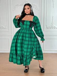 Lyrianda Vestido midi de manga abullonada, tipo fluido, con lazo a la cintura y estampado de cuadros verdes para mujer de talla grande