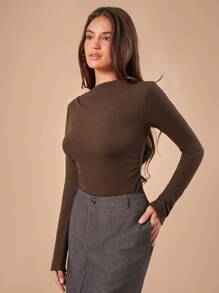 Forever 21 F21 Women's Solid Color Minimalist Elegant Daily Wear Long-Sleeved Slim-Fit T-Shirt