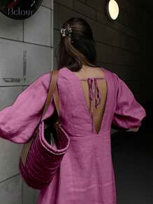 INAWLY Women's Solid V-Neck Button-Up Slim Fit Casual Dress