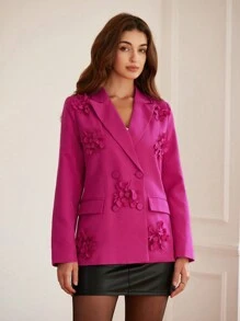 Chiquease 玫红色时尚专业手工 3D 花卉装饰宽松版长袖纯色西装夹克节日派对服装 - 玫紅色 - 查看 4