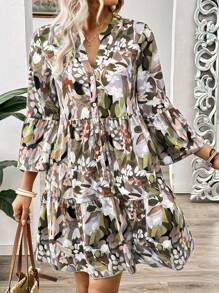 SHEIN LUNE Vestido informal de vacaciones con botones frontales y estampado floral todo sobre todo