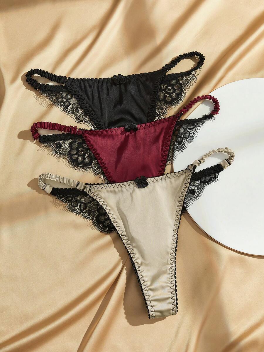 Charlaine 3packs Contrast Lace Bow Decor G-String Lingerie Bow Tie, Sexy - Multicolor - View 1