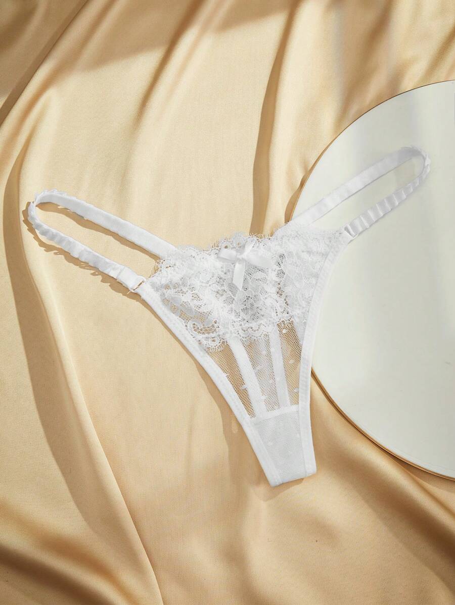 女士撞色蕾丝网眼丁字裤性感内衣 - 白色 - 查看 1