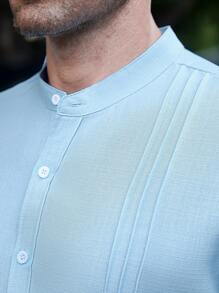 Manfinity Homme 男士休闲商务通勤纯色长袖纽扣衬衫，男士纯色纹理休闲皱褶双贴袋通勤轻熟长袖纽扣衬衫，适合秋季 - 藍色 - 查看 4