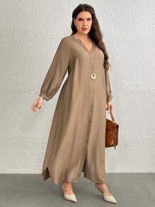 SHEIN LUNE Vestido casual largo de manga larga con botones frontales y escote en V de unicolor para mujer de talla grande
