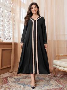 Al Najma Plus Size V-Neck Patchwork Long Dress, Loose Casual Modest Long Sleeve Dress For Autumn/Winter
