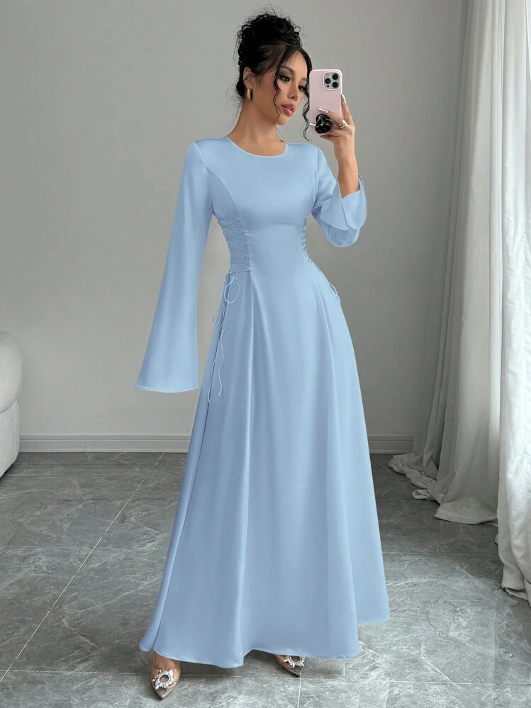 Elenzga Elegant Apricot Color A-Line Waist Cinched Flare Sleeve