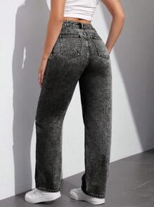 SHEIN EZwear 1 件女式休闲简约前扣口袋牛仔裤，日常穿着 - 灰色 - 查看 2