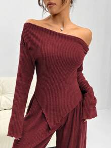 SHEIN Unity 2 件纯色不对称领长袖上衣和裤子休闲套装新年衣服 - 紅色 - 查看 5
