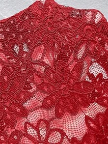 SHEIN LUNE Áo khoác ren hoa cỡ lớn cho nữ tay 3/4 hở phía trước thanh lịch, quần áo mùa thu cho năm mới - Đỏ - Xem 5