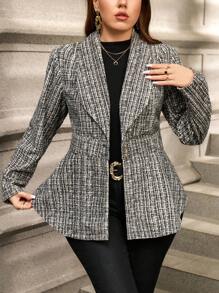 SHEIN Clasi 大码正面纽扣长袖翻领简约夹克，适合日常休闲穿着 - 黑與白 - 查看 7