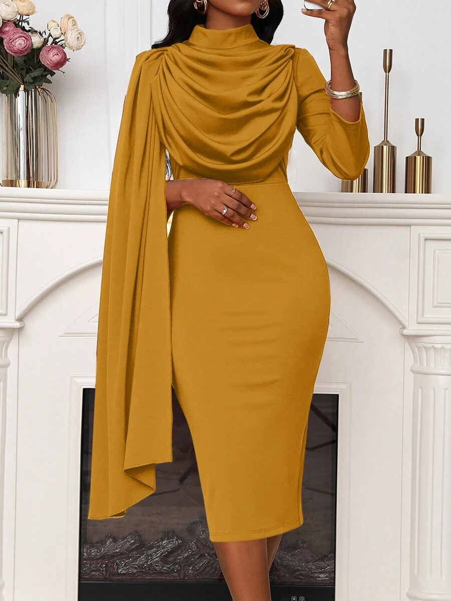 Lyxana 女士秋冬优雅领口褶皱拼接紧身中长连衣裙长款缎面女装 - 黃色 - 查看 1