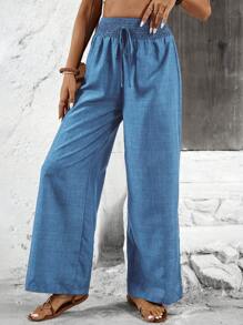 Breezaya Pantalones rectos relajados con lazo delantero de unicolor - Azul - Ver 5