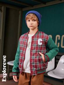 SHEIN 1pc Boys/Teens' Padded Bomber Jacket, Plaid Patchwork Letter Badge Design, Warm & Comfortable For Casual, City, Outdoor, Sports, School, Gathering Etc. Suitable For Autumn/Winter
