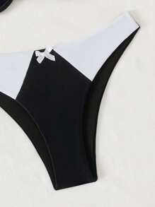 SHEIN Swim 女士单色拼接可爱蝴蝶结设计比基尼泳裤 夏季 - 黑色 - 查看 4