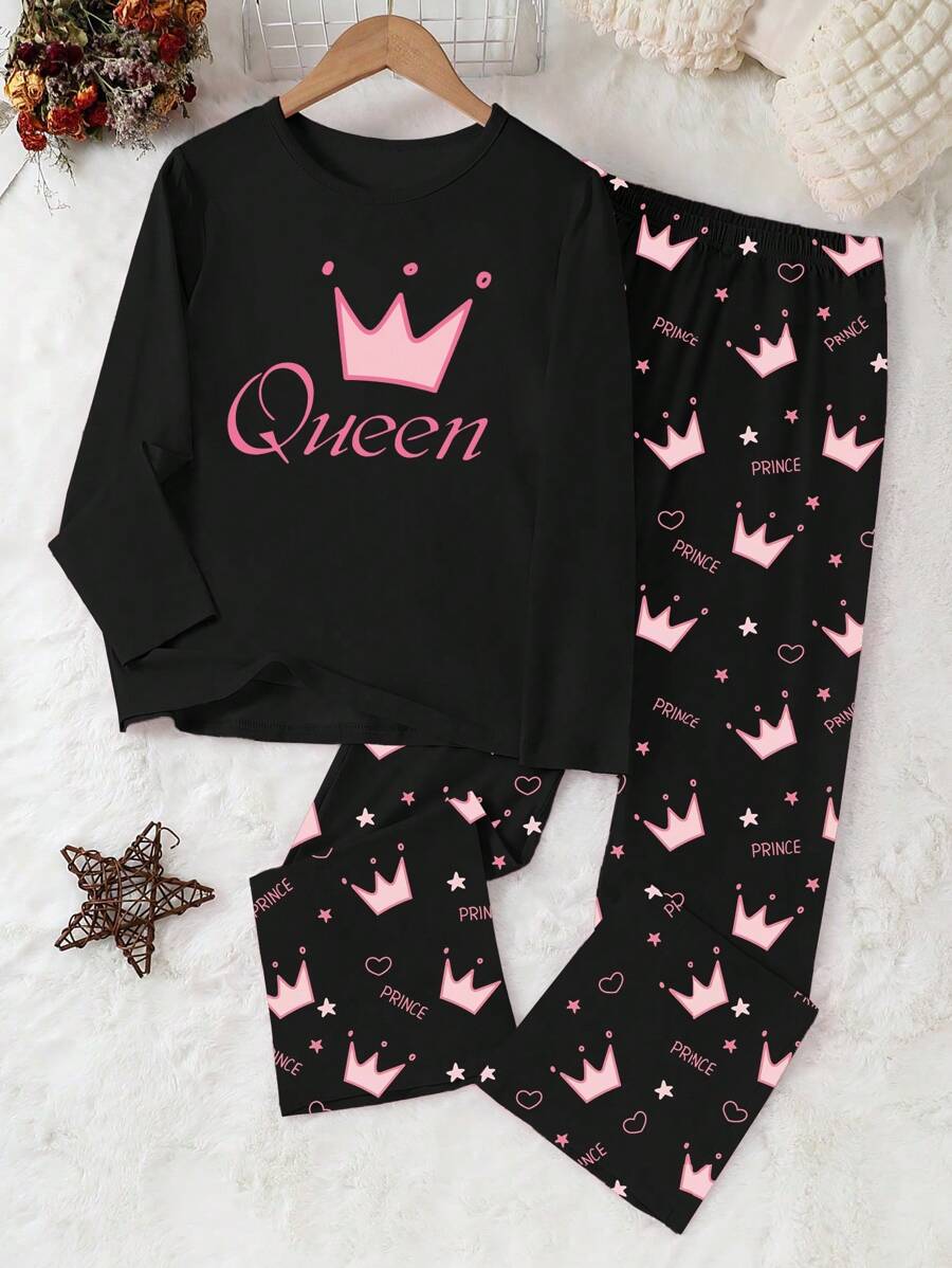 2 件女童皇冠印花休闲舒适长袖上衣和裤子套装，时尚家居服 - 黑色 - 查看 1