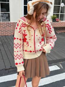 Jouncy Cardigan cu glugă cu șnur din jacquard, casual, pentru femei, toamnă/iarnă - roșu - Vizualizare 2