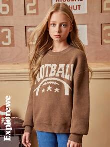 SHEIN 1 件休闲城市风格都市女孩橄榄球图案提花套头衫，秋冬季，中性，适合上学、聚会、日常穿着