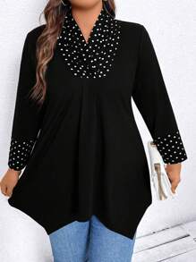 SHEIN CURVE+ 大码波点拼接长袖简约T恤，休闲日常穿着，春季女式印花上衣 - 黑色 - 查看 4