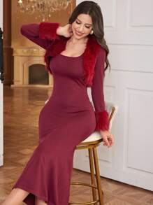 Modelyn 2pcs Women's Waist Fitted Mermaid Hem Fluffy Collar Sweater Set 2 Pieces Set - Red Violet - View 3