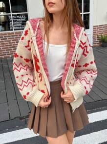 Jouncy Cardigan cu glugă cu șnur din jacquard, casual, pentru femei, toamnă/iarnă - roșu - Vizualizare 1