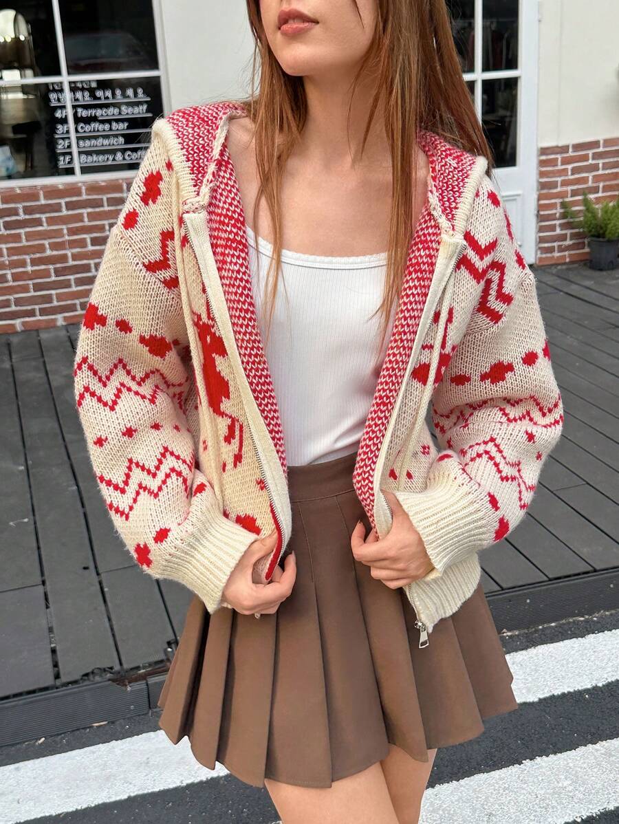 SHEIN Bubbli Women Casual Geometric Jacquard Drawstring Hooded Cardigan, Autumn/Winter Fall Cloth For Women - Red - View 1