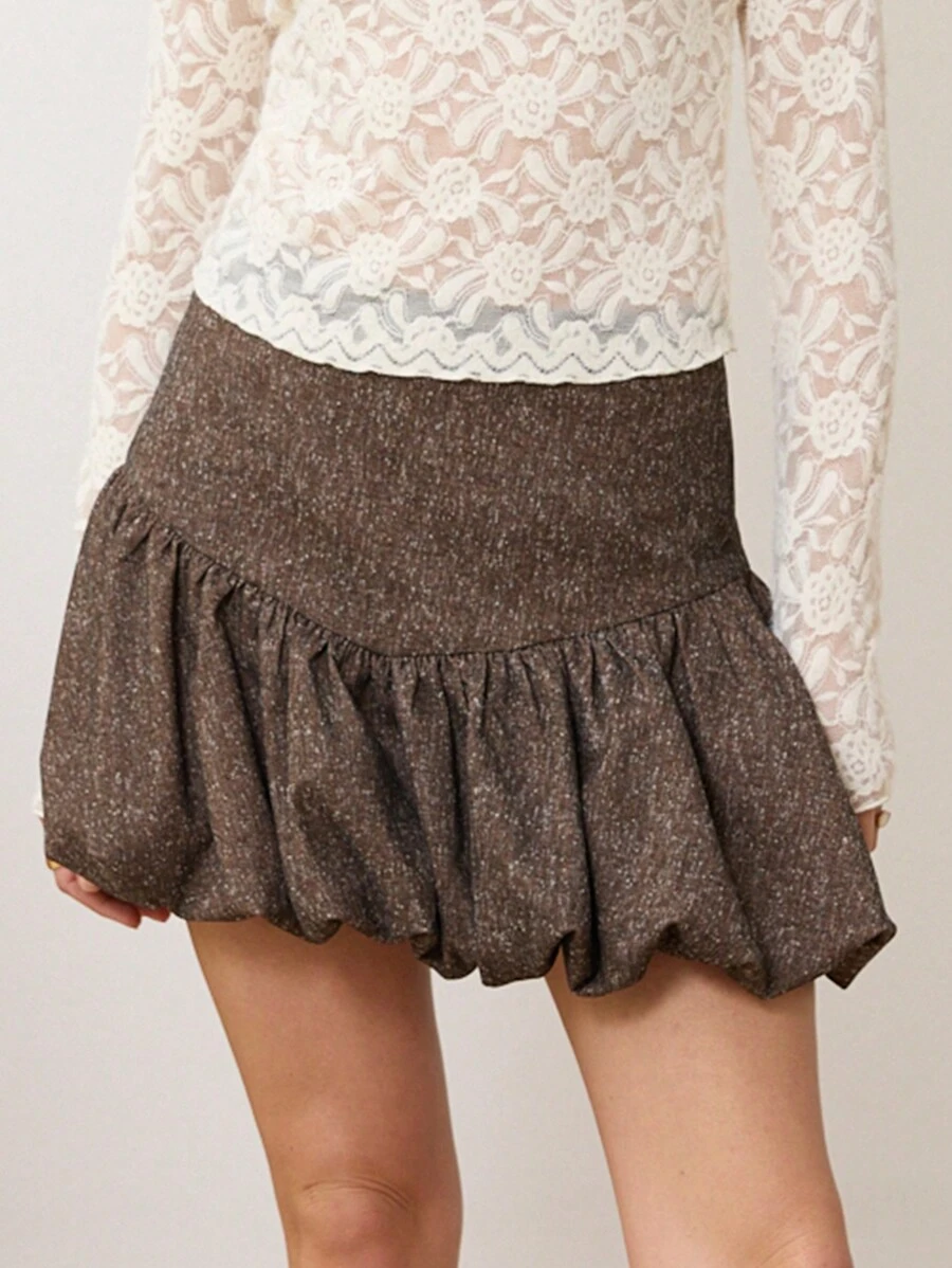 Aralina Textured Brown Flecked Micro Mini Skirt With Draw String Waistband - Brown - View 1