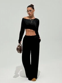 StreetHx Set da donna in stile steet, 2 pezzi: felpa con spalle diagonali nera e pantaloni della tuta con gamba dritta morbida, per l'autunno - nero - Visualizzare 4