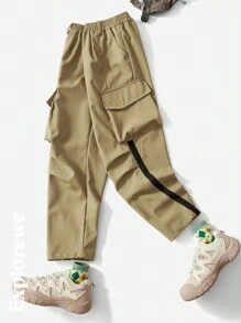 SHEIN Outdoor Casual Style Tween Girl Clothes Girls Utility Pants, Contrast Color Trim Loose Fit Long Trousers For Outdoor Play, City Street, Daily Wear - Khaki - View 1