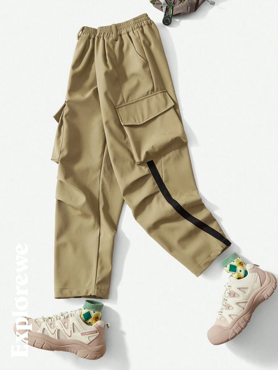 SHEIN Outdoor Casual Style Tween Girl Clothes Girls Utility Pants, Contrast Color Trim Loose Fit Long Trousers For Outdoor Play, City Street, Daily Wear - Khaki - View 1