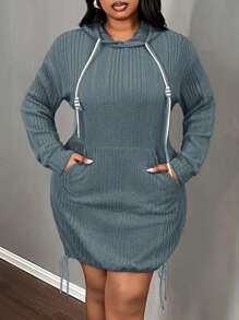 Slaydiva Casual & Homewear Plus Size Women Pumpkin Color Kangaroo Pocket Contrast String Hooded Sweatshirt Dress, Autumn/Winter