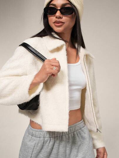 Forever 21 秋冬女士白色短款/商务休闲女装/有领/拉链/宽松/基本款/舒适/高个子女装/圣诞女装/必备品/长袖/正式女装/新年前夜/校园女装夹克/感恩节/节日/夹克/外套