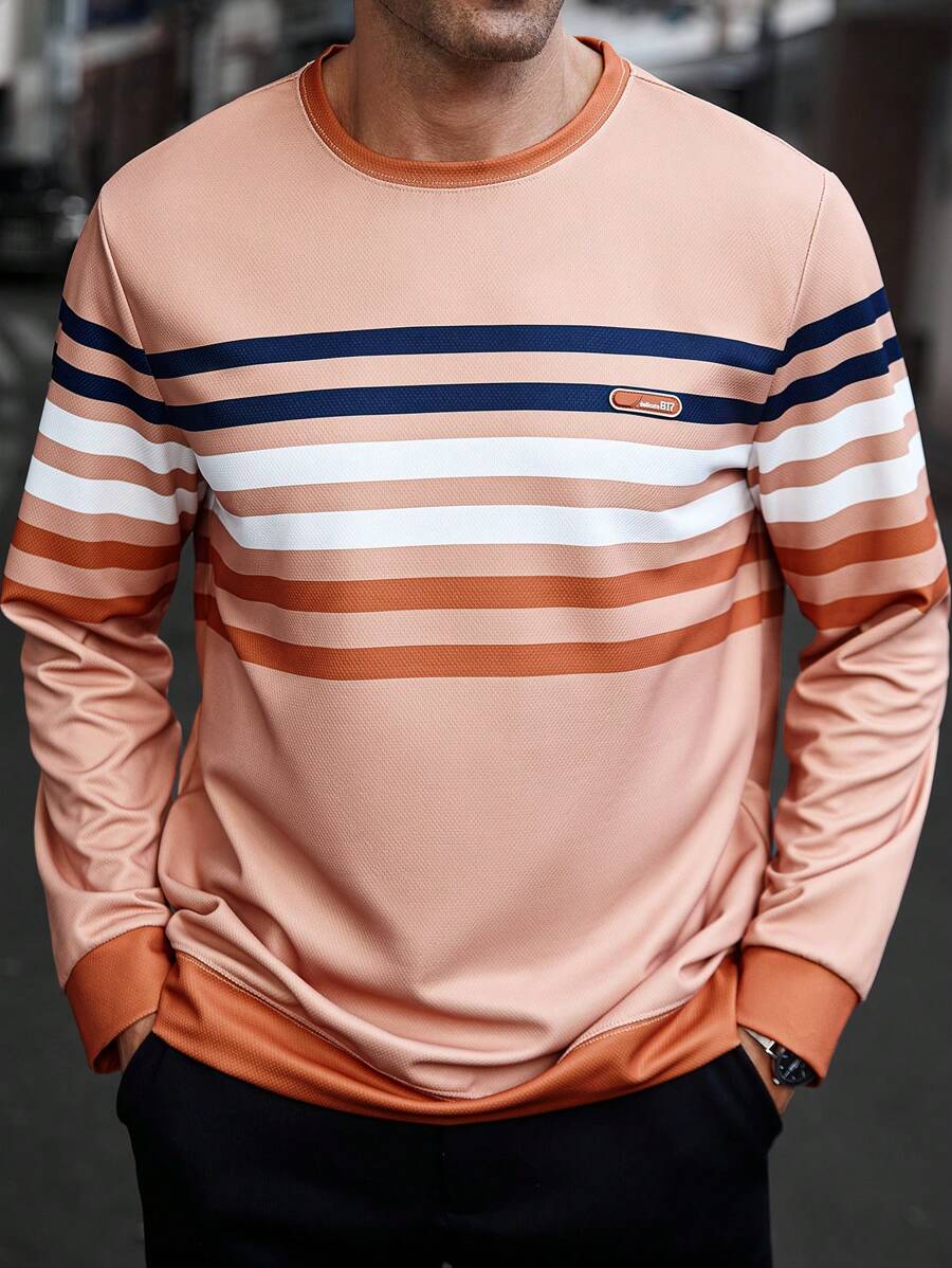 Manfinity Homme Men's Crew Neck Long Sleeve Striped Minimalist Sweatshirt, Casual Everyday Wear - Orange - View 1