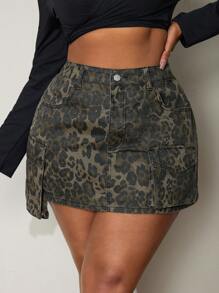 Slaydiva Plus Size Front Button Pockets Simple Casual Denim Leopard Print Cargo Skirt - Multicolor - View 3