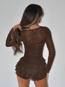 SHEIN ICON Sheer Tie Neck Cardigan & Multi-Layered Lace Trim Shorts 2pcs Set