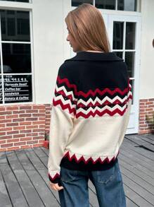 Jouncy Suéter holgado de mujer de estilo casual con contraste de color y hombros caídos, adecuado para otoño