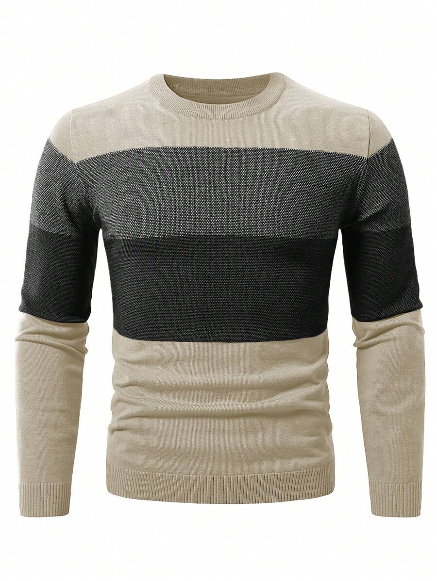 Manfinity Homme Men's Contrast Color Crew Neck Casual Classic Long Sleeve Knitted Pullover - Khaki - View 1
