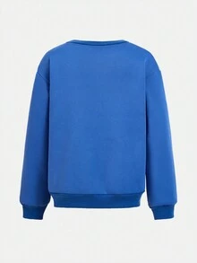 SHEIN Tween Boy 字母与图形印花圆领长袖连帽衫和运动裤休闲套装 - 藍色 - 查看 12