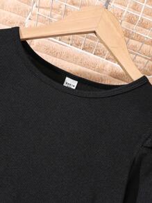 Set de 2 piezas: Top de manga larga acanalado y falda de pana con decoración de lazo bordado para niñas, elegante