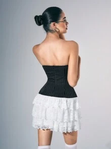 SHEIN Unity Women's Strapless Black Striped Patchwork Lace Mini Dress - Black - View 2