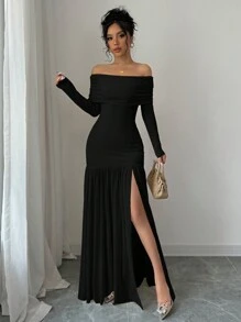 Elenzga 1 chiếc váy xẻ cao hở vai màu trơn thanh lịch dành cho nữ, trang phục Maxi mùa thu dành cho nữ - màu đen - Xem 4