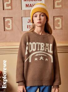 SHEIN 1 件休闲城市风格都市女孩橄榄球图案提花套头衫，秋冬季，中性，适合上学、聚会、日常穿着