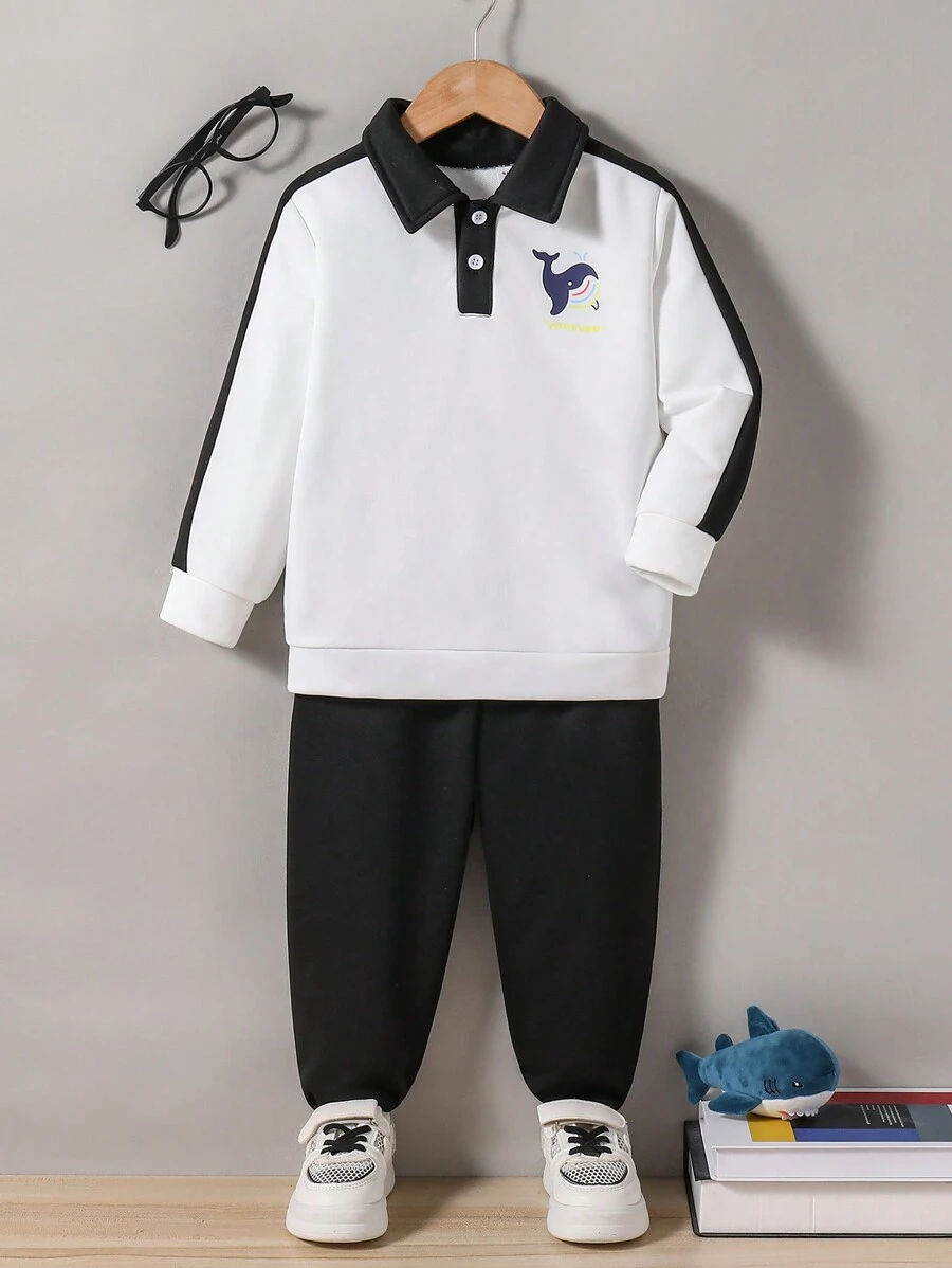 Bộ 2 món/Bộ áo nỉ dài tay cổ polo in hình cá voi dễ thương cho bé trai và quần nỉ, phù hợp cho mùa thu/đông - Đen và trắng - Xem 1